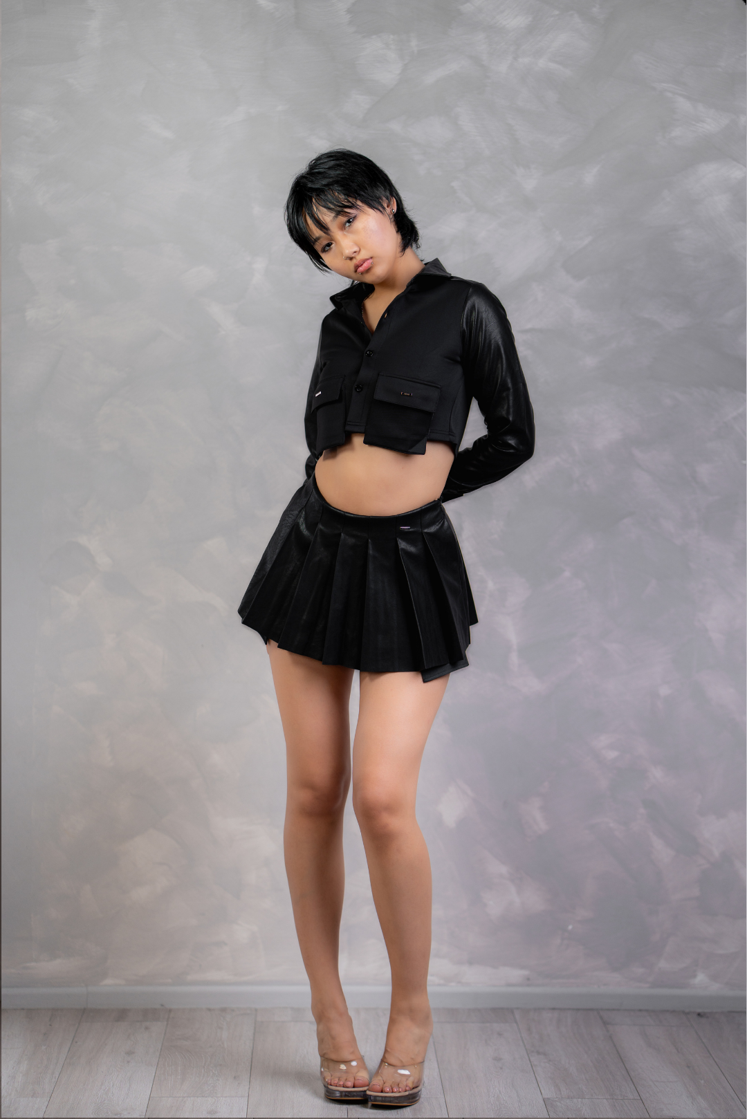LEATHER CROP SHIRT - BLACK
