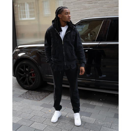 Zip Thru “Denim Patch” Tracksuit  - Washed Black