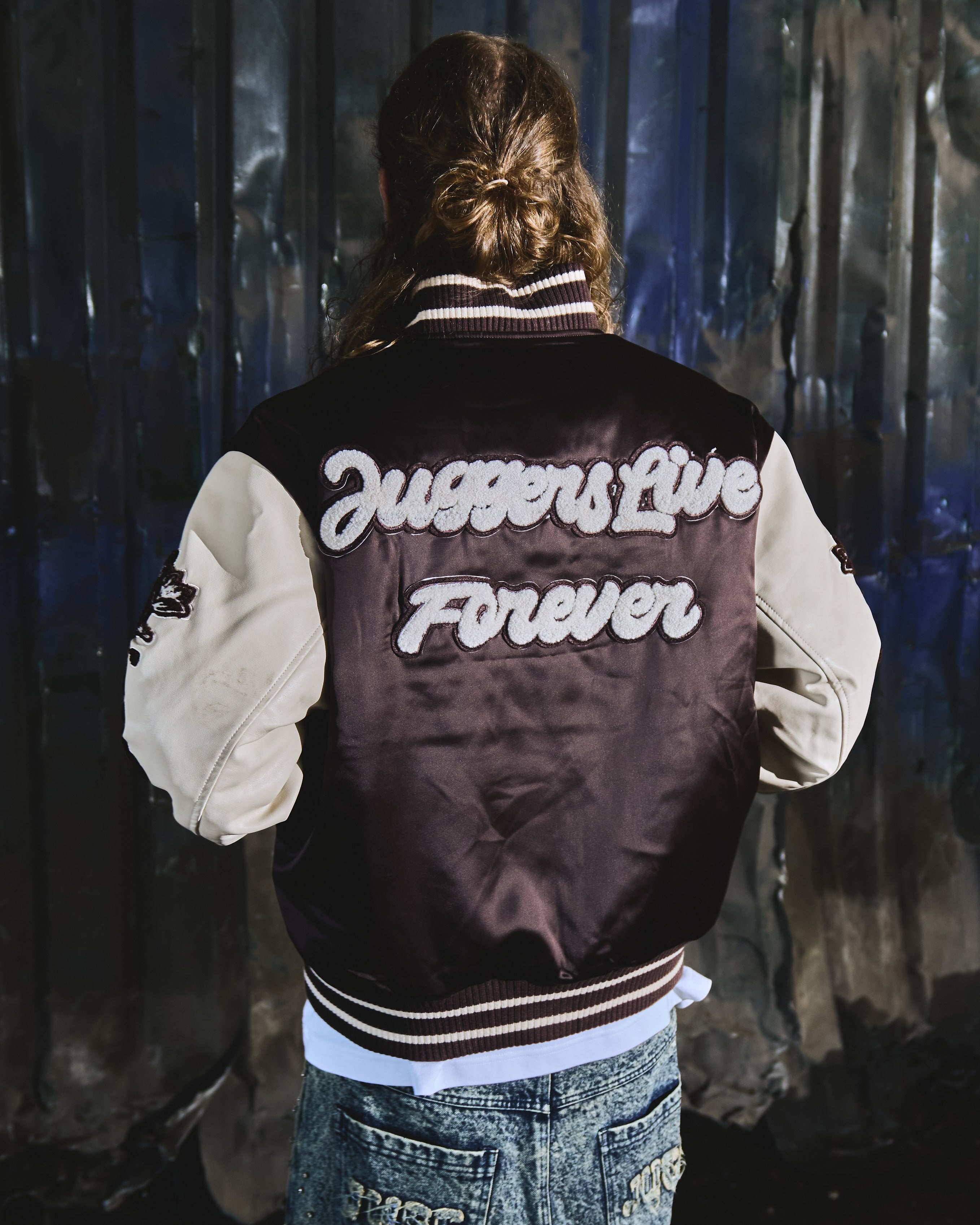 PRE ORDER - JUGGERS LIVE FOREVER VARSITY JACKET - BROWN