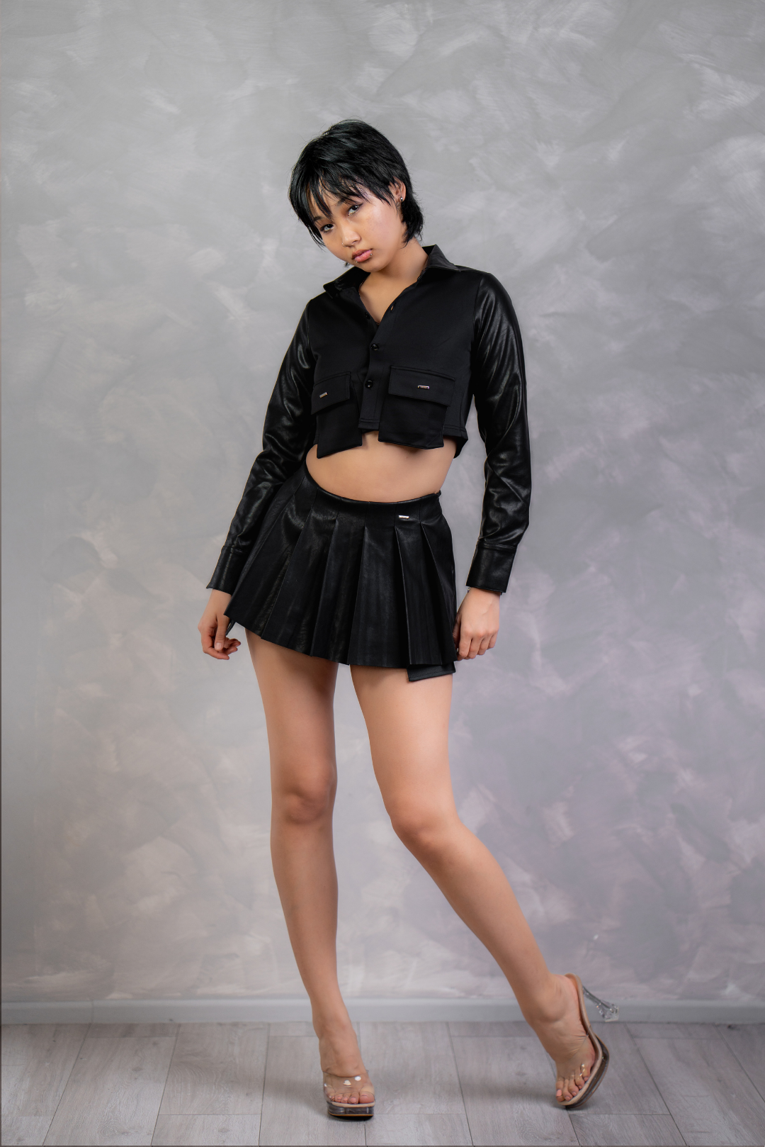 LEATHER CROP SHIRT - BLACK